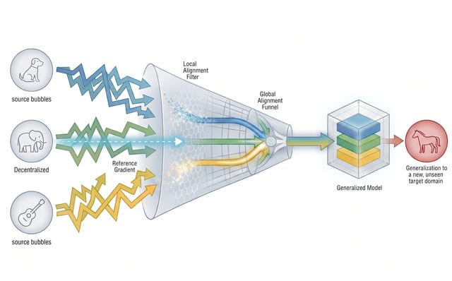 FedGaLA concept: noisy per-client gradients from three source domains converge through a local alignment filter and a global alignment funnel into a stacked generalized model that transfers to an unseen target domain.