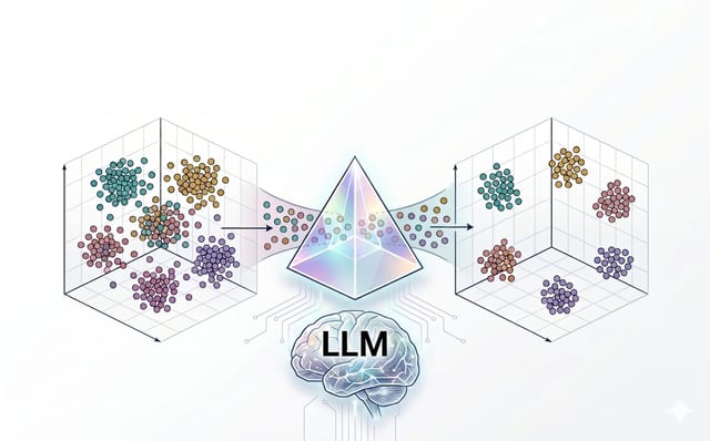PRISM concept: a glowing prism debiases entangled embedding clusters into a clean, separated representation, guided by an LLM.