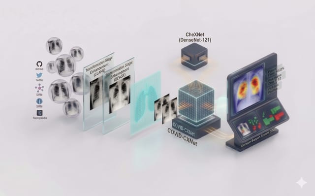 COVID-CXNet pipeline: chest X-rays crowdsourced from GitHub, Twitter, SIRM and Radiopaedia pass through CLAHE and BEASF enhancement plates into the COVID-CXNet model (with a CheXNet/DenseNet-121 baseline) and out to a clinical decision-support workstation showing a saliency heatmap and structured findings.