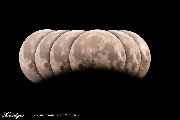 Overlapping exposures of the Moon tracing the curved edge of Earth's shadow.