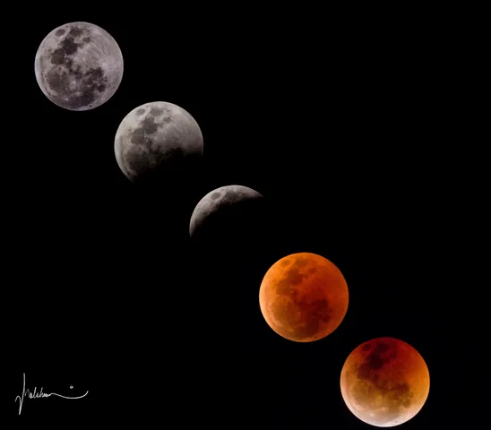 A diagonal sequence of the Moon moving into Earth's shadow and turning copper red.
