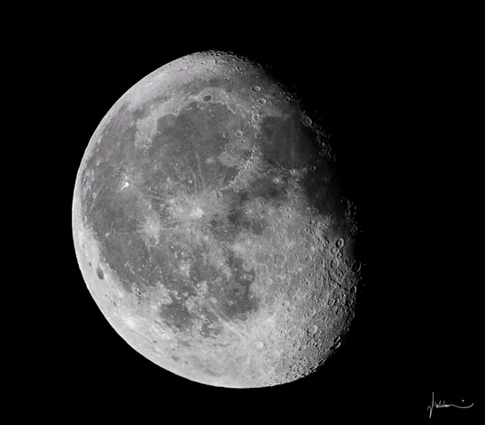 A detailed gibbous Moon showing craters and maria along the terminator.